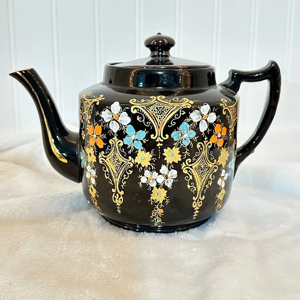 Vintage Hague Teapot Dark Hand Painted Floral Made in England Cottagecore Glazed